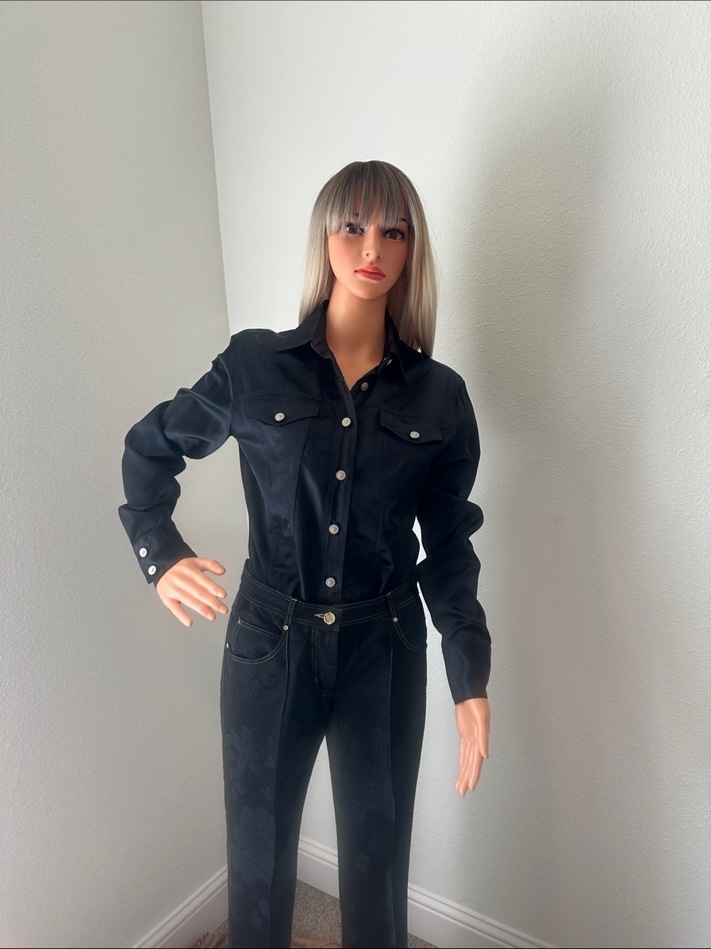 VERSACE Black satin Button-Up shirt with silver VERSACE Medusa head buttons